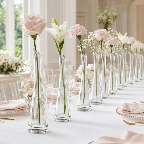 Lallisa Set of 18 Tall Glass Bud Vases for Centerpieces,9.84" H | Bud Vase Bulk, Single Flower Vases, Slim Waist Profile, Slanted Rim Design, Wedding Table Decor, Event Centerpieces