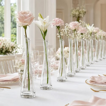 Lallisa Set of 18 Tall Glass Bud Vases for Centerpieces,9.84" H | Bud Vase Bulk, Single Flower Vases, Slim Waist Profile, Slanted Rim Design, Wedding Table Decor, Event Centerpieces