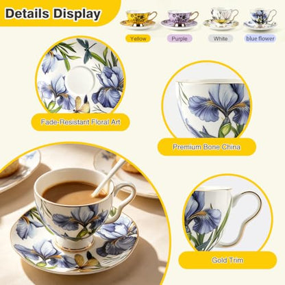 Bone China Tea Cup and Saucer Set with Spoon, 7 Oz Elegant Floral Teacup, British Style Porcelain Cup and Saucer, Gift for Women, Birthday and Christmas - color: flower-W01