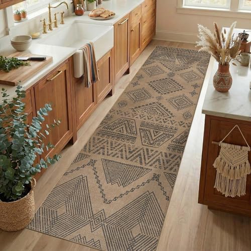 jinchan 3x10 Faux Jute Runner Rug Washable Boho Hallway Rug, Charcoal | Southwestern Geometric, Non-Slip Low Pile, Indoor Outdoor, High-Traffic, Kitchen, Bathroom, Laundry, Porch, Balcony, Entryway - color: Natural Charcoal, size: 3' x 10' (Rectangular)