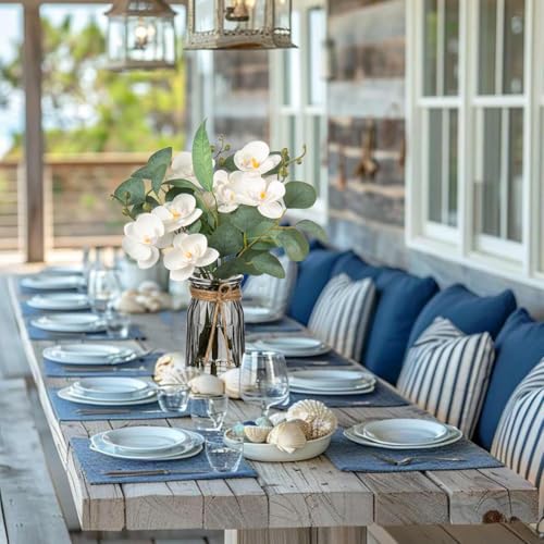 White Orchids Artificial Flowers with Vase Fake Flower in Vase Artificial Eucalyptus Stems in Glass Vases with Faux Water Faux Orchid with Eucalyptus Leaves Arrangement for Dining Table Centerpiece - color: White & Black Vase