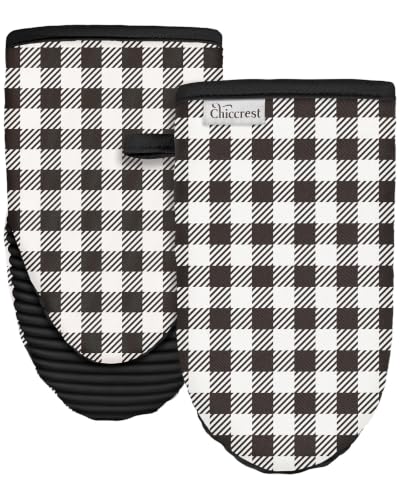 100% Thick Cotton Oven Mitts Ribbed Soft Silicone Black Gingham | Aesthetic Oven Mitts for Women, Machine Washable Non-Slip Kitchen Mitts, Reversible for Both Hands, Stylish Kitchen Decor - color: Plaid Black