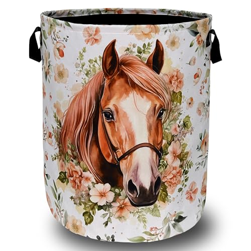 Floral Horse Laundry Basket Foldable Oxford Cloth Hamper18.9"x16.5" | Beautiful With Handle Tote Bag Laundry Hamper Clothes Storage Bucket Toy Organizer For Bathroom/Laundry/Bedroom - color: Watercolor Horse With Flowers Floral