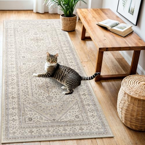 3x6 Washable Hallway Area Rug - Non-Slip Vintage Kitchen Rugs Beige Gray | Low Pile Thin Wide Carpet for Entryway Soft Pet-Friendly Floor Mat for Bedroom Bathroom Laundry Indoor Decor - color: Beige/Gray, size: 3' x 6' (Rectangular)