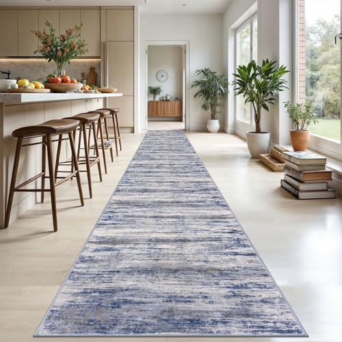 KOZYFLY Modern Abstract Washable Long Rug Runner 2.6x20 Hallway Rug Runner Non-Slip Soft Stair Runners, Grey-Blue Striped 20 feet Runner Rug for Kitchen Entryway Bathroom Laundry Room Foyer - color: Blue-grey, size: 2'8" x 20' (Runner)