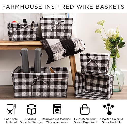 DII Farmhouse Chicken Wire Storage Baskets with Liner, Medium, Antique French Blue Gingham Check, 11x7.88x7", 2 Piece - color: Antique French Blue Gingham Check