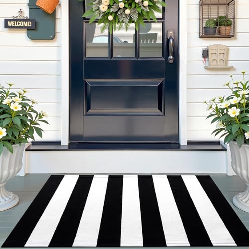OLANLY Black and White Striped Rug 27.5"x43" and Home Sweet Home Door Mat 30"x17" Bundle, Washable Cotton Layered Front Porch Decor Set for Entryway, Kitchen, Patio Indoor Outdoor
