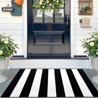 OLANLY Black and White Striped Rug 27.5"x43" and Home Sweet Home Door Mat 30"x17" Bundle, Washable Cotton Layered Front Porch Decor Set for Entryway, Kitchen, Patio Indoor Outdoor