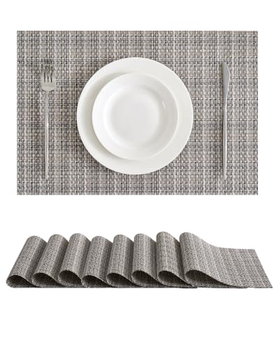 Leetaltree Woven Vinyl Placemats Set of 8, Beige Gray | High Density, Basketweave Woven, Stain Resistant, Easy to Clean, Washable Table Mats for Indoor Dining and Outdoor Patio - color: 00- Beige Gray, size: Set of 8