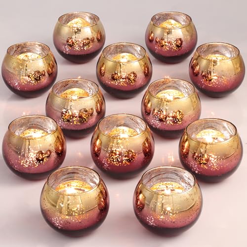 Volens Burgundy Votive Candle Holders 12 Pack, Round Mercury Glass Votives | Tealight Candle Holder Bulk for Burgundy and Gold Themed Party Decoration, Wedding Table Centerpiece & Home Decor - color: Burgundy+gold, size: 2 inches