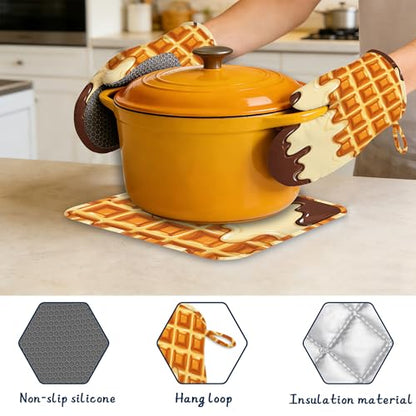 Heat Resistant Pot Holders and Oven Mitts,Funny Waffles Extra Long Kitchen Oven Mitt Set,Chocolate Cream Cotton Lining Anti-Slip Waterproof Kitchen Mittens Hot Pan Holder for Baking Cooking Grilling - color: Funny Waffles