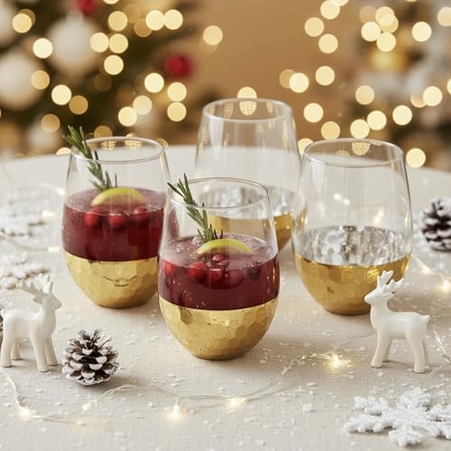 MyGift Modern Stemless Champagne Flute Glass Set of 4 Party Drinkware, Cocktails Prosecco Mimosa Glasses with Hammered Brass Plated Bottoms (Brass-Short) - color: Brass-Short