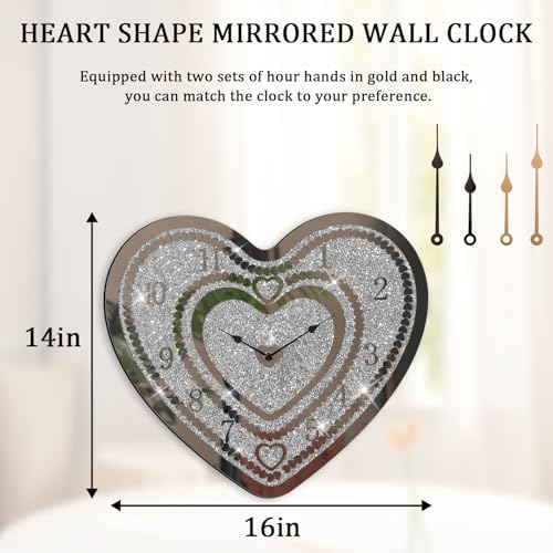 Crystal Wall Clocks for Living Room Decor Heart Shape Silver Diamond Mirrored Wall Clock with Sparkle Twinkle Bling Crushed Diamond for Wall Decoration - style: Heart