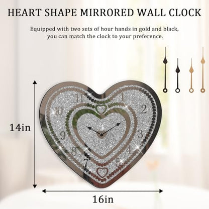 Crystal Wall Clocks for Living Room Decor Heart Shape Silver Diamond Mirrored Wall Clock with Sparkle Twinkle Bling Crushed Diamond for Wall Decoration - style: Heart