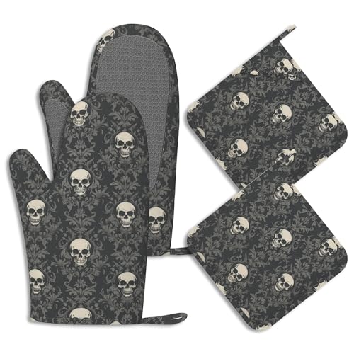Gothic Black Skull Pot Holders and Oven Mitts Set Silicone Halloween Skulls Kitchen Gloves Potholders Heat Resistant Washable,Chef Cooking Baking Gifts for Women Men Bakers Lover Cooks - color: Gothic Black Skull,halloween Skulls