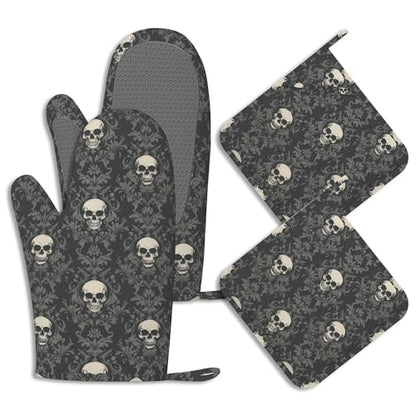 Gothic Black Skull Pot Holders and Oven Mitts Set Silicone Halloween Skulls Kitchen Gloves Potholders Heat Resistant Washable,Chef Cooking Baking Gifts for Women Men Bakers Lover Cooks - color: Gothic Black Skull,halloween Skulls
