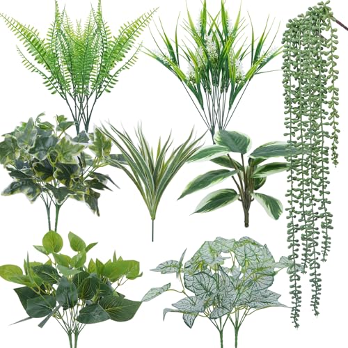 16PCArtificial Greenery Shrub Stems Fake Flower Plants for Outdoor | UV Resistant Faux Outdoor plants, Fake Shrubs Plants for Patio Garden, Front Porch, Window Box, Spring Summer Home Decor - color: Mixed 16pcs