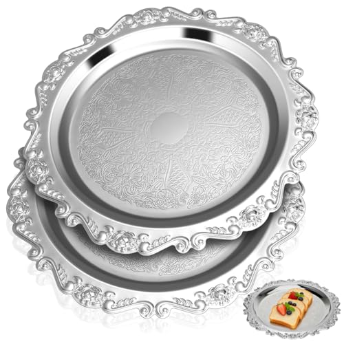 Kichvoe 2pcs Silver Serving Tray Set Vintage Iron Platter: Retro Metal Dish for Snacks And Desserts Vintage Jewelry Plate Elegant Serving Platter for Family Gatherings Parties And Home Decor, 9. 8"/25