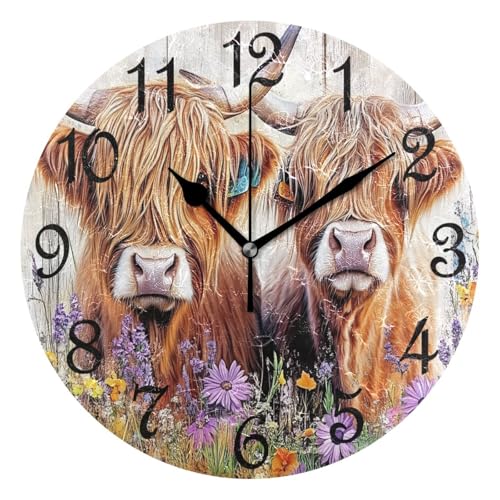 Brown Highland Cows Purple Flowers Round Wall Clock Silent Non Ticking Bathroom Clocks 10 Inch Battery Operated Clock for Kitchen Living Room Bedroom Home Decor - color: A007