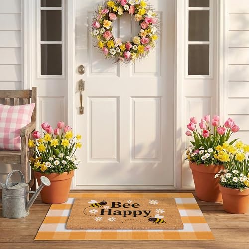 Bee Happy Layered Doormat Set, Spring Door Mat with Printed Coir Welcome Mat and Plaid Layering Doormat, Farmhouse Front Door Entryway Decorative Porch Mat (Yellow, 2'4" x 3'7") - color: Yellow, size: 3'7" x 2'4" (Rectangular)