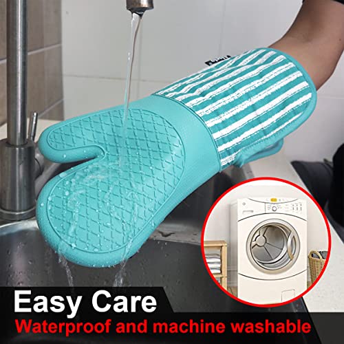 Alselo Silicone Oven Mitts Heat Resistant 932℉ with Waterproof & Non-Slip | Kitchen Mittens Set of 2,Extra Long 7.5"x15" Oven Gloves with Soft Cotton Terry Lining for Baking Cooking BBQ(Green,2) - color: Green