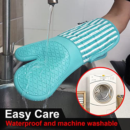 Alselo Silicone Oven Mitts Heat Resistant 932℉ with Waterproof & Non-Slip | Kitchen Mittens Set of 2,Extra Long 7.5"x15" Oven Gloves with Soft Cotton Terry Lining for Baking Cooking BBQ(Green,2) - color: Green