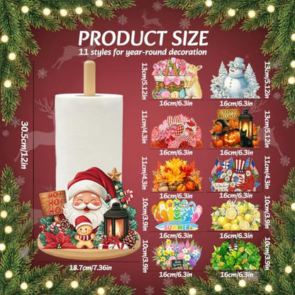 Bamboo Paper Towel Holder with 11 Set Interchangeable Holiday Signs, Rustic Kitchen Decor | Seasonal Countertop Stand for Christmas,Spring,Summer,Fall,Winter,Valentine's Day,Easter,Halloween,