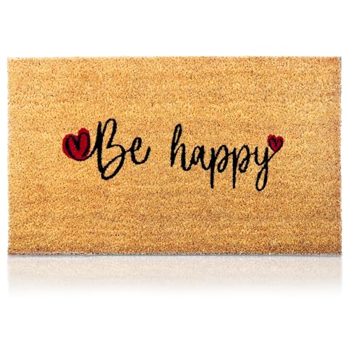 Coir Welcome Mat, Non-Slip, Be Happy, 17 x 29 in | 100% Natural Coir, Anti-Shedding, Durable PVC Backing, Traps Dirt and Mud, Indoor and Outdoor Entryway, Easy to Clean - color: Be Happy, size: 17x29
