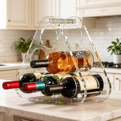 Countertop Wine Rack Acrylic for 6 Bottle Storage Tabletop Triangle Freestanding Wine Holder Organizer - Home, Kitchen, Dining Room Bar Decor