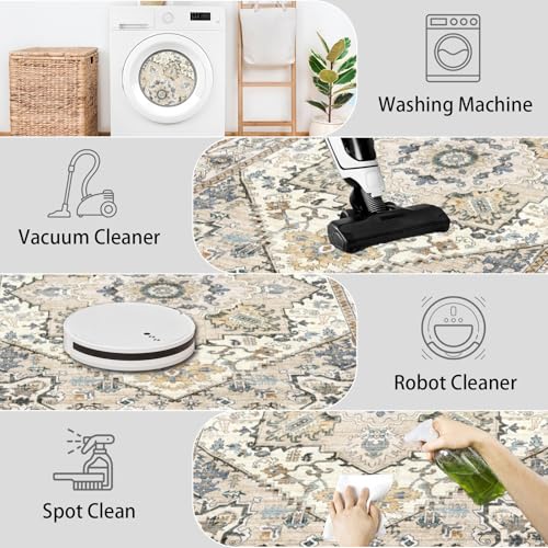 AooHHooA Boho Washable 2x10 Runner Rugs Beige Non Slip Low Pile Long Runner Rug, Stain Resistant Soft Faux Wool Runners for Hallway Laundry Entryway Bedroom - color: Beige, size: 2' x 10' (Runner)