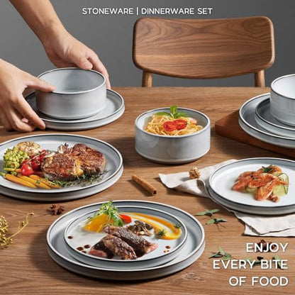 Onader Stoneware Dinnerware Sets, 12 Piece Plates and Bowls Dish Sets for 4, Ceramic Dishware Dining Ware with Rustic Terracotta Bottom - Glacier White - color: Glacier White