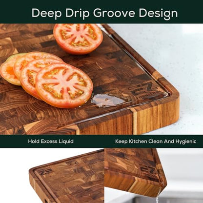 EZ FURNITURE Medium (M) Teak End Grain Cutting Board, Reversible, Knife-Friendly Charcuterie Wood Cutting Board with Juice Groove & Handles, Non-Toxic, Gift Box Included (7" x 13" x 1.5") - color: M - Teak End Gain, size: 17"L x 13"W