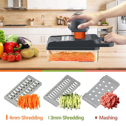 12-in-1 Vegetable Chopper 7 Blades, Veggie Cutter with Handle, Grey | Stainless Steel Blades, Food Container and Lid, Dicer, Slicer, Julienne, Egg Separator, Non-slip Base, Include Cleaning Tools - color: Gray, size: 7 blades