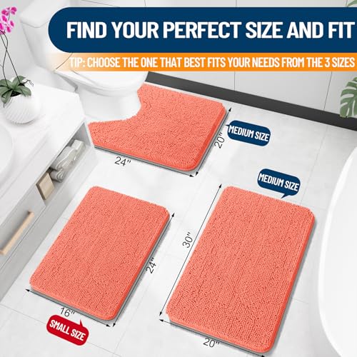 OLANLY Chenille Bathroom Mat and Toilet Rugs U-Shaped, Bath Mat Size 30x20 and Bathroom Rugs Sets Size 30x20+24x20 in Coral, 3 Item Bundle