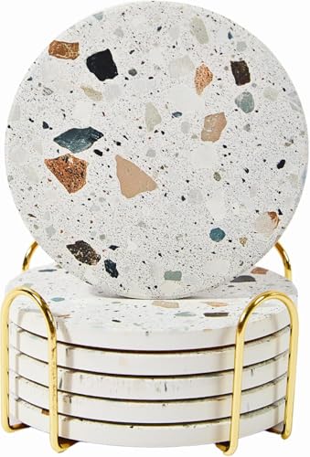 Terrazzo Coasters Set of 6, Colorful Boho Absorbent Ceramic Coasters | Speckled terrazzo stone coasters, moisture-absorbing; boho home decor, housewarming gift - color: Granite