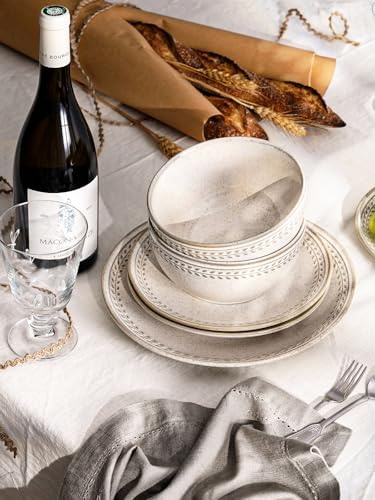 LE TAUCI Plates and Bowls Sets for 4, 12 Piece Ceramic Dinnerware Sets, Kitchen Stoneware Dish Set, Chip Resistant, Microwave & Dishwasher Safe, Reactive Glaze Beige (8"&10" Plate, 27oz Bowl) - size: 4 Set(12pcs)