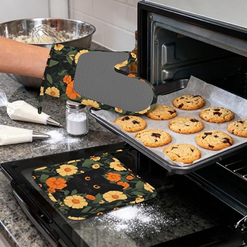 Black Cat Flowers Heat-Resistant Silicone Oven Mitts and Pot Holder 4 Piece Set,Non-Slip Kitchen Oven Gloves for Baking, BBQ, Cooking,Grilling - color: Black Cat Flowers