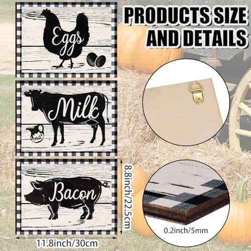 Jetec 3 Pieces Farmhouse Kitchen Decor Wooden Pig Cow Chicken Signs Rustic Buffalo Plaid Wall Art Farm Animal Plaque for Kitchen Home Wall Decorations, 11.8 x 8.8 Inch - size: 11.8 x 8.8 Inch