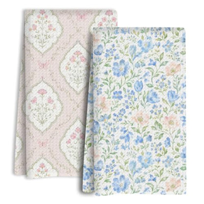 jeilink Blue Pink Floral Kitchen Towels, Set of 2 Dish Towels for Kitchen | Pastel Coquette Flower Soft Absorbent Decorative Tea Hand Towel for Home Dining Room Restaurant Cooking, 13.8 x 23.6 Inch