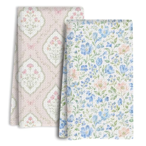 jeilink Blue Pink Floral Kitchen Towels, Set of 2 Dish Towels for Kitchen | Pastel Coquette Flower Soft Absorbent Decorative Tea Hand Towel for Home Dining Room Restaurant Cooking, 13.8 x 23.6 Inch