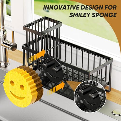 Sponge Holder for Kitchen Sink,Smiley Face Sink Caddy with Removable Brush Holder,Self-Draining Sponge Caddy for Sponge,Soap,Dish Brush,Scrubber,Kitchen Essentials and Gadgets - color: 1 Tier Black