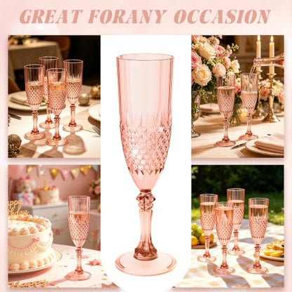 12 Pack Plastic Champagne Flutes, Rose Gold Reusable Champagne Glass | Unbreakable Hard Plastic Mimosa Cups Bulk with Stem, Fancy Stemware for Wedding, Party & NYE Celebration - color: Rose Gold