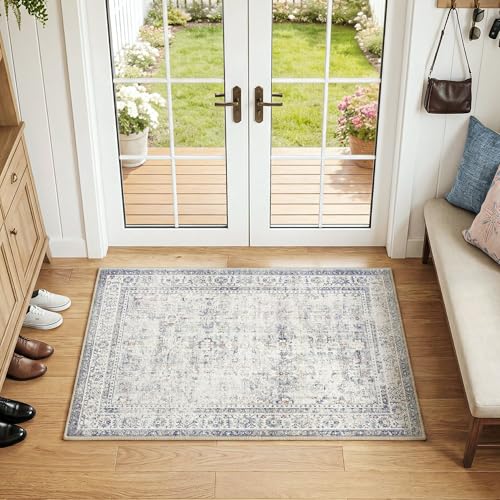 FMFUNCTEX 2x3 Washable Blue Vintage Neutral Small Area Rug for Entryway | Distressed Oriental Non Slip Low Pile Indoor Thin Soft Throw Rug Bedroom Kitchen Bathroom Laundry Entry Traditional Door Mat - color: Blue, size: 2' x 3' (Rectangular)