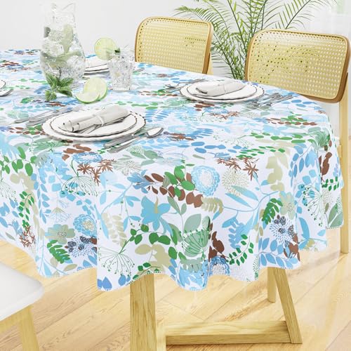 Oval Waterproof Vinyl Table Cloth, Wipeable Tablecloth with Flannel Backing, Plastic Table Cover for Dinner, Picnic, Indoor and Outdoor (Leaves, 52" x 70") - color: Blue and Green, size: 70" x 52" (Oval)