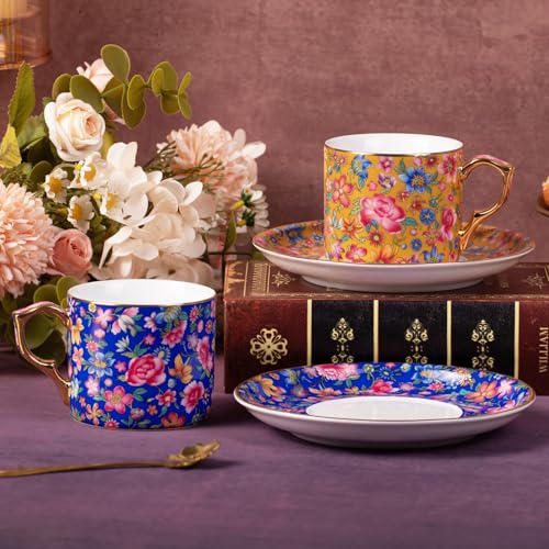 KAMMAK Tea Cup and Saucer, Ceramic Coffee Cups, 6 oz, Set of 2 | Porcelain Tea Cups with Saucers for Coffee and Cappuccino, Ideal for Breakfast, Afternoon Tea and Entertaining,649+650N - style: 649N+650N
