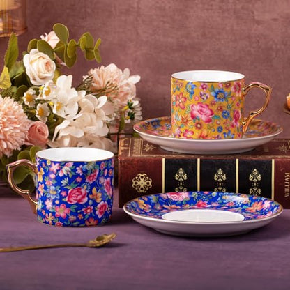 KAMMAK Tea Cup and Saucer, Ceramic Coffee Cups, 6 oz, Set of 2 | Porcelain Tea Cups with Saucers for Coffee and Cappuccino, Ideal for Breakfast, Afternoon Tea and Entertaining,649+650N - style: 649N+650N