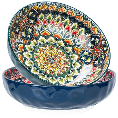 75 Oz Serving Bowls,Bohemian Style Large Porcelain Dishes for Entertaining Parties,Big Bowls for Eating Soup, Salad, Pasta, Fruit, Chips, 10.3 Inch Diameter (blue.green) - color: blue.green