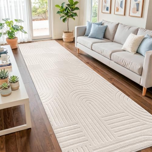 SHACOS Soft Cozy Fluffy Arch High Low Pile Runner Rugs 3x8 ft Non Slip Washable Scandinavian Minimalist Area Rug Runner Modern Carpet for Living Room Bedroom Bathroom Hallway Kitchen, Beige - color: Beige, size: 3' x 8'
