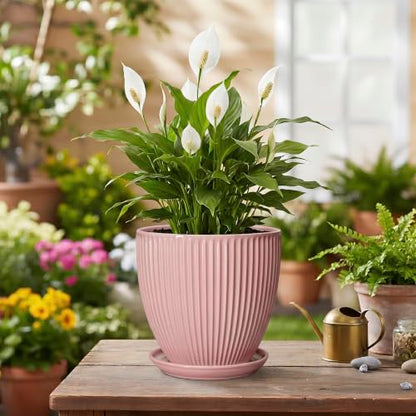 6 Inch Flower Pots, Ceramic Pots for Plants Indoor, Modern Plant Pot with Drainage Hole and Saucer, Decorative Small Round Succulent Planter, Living Room Office Decor, Women Men Gifts, Pink - size: 6 Inch, style: Pink