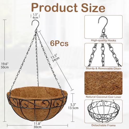 6 Pack 12 inch Metal Hanging Baskets for Plants, Round Metal Wire Hanging Basket Planter with Coco Fiber Liners Chain for Garden Home Porch Patio, Flower Border - size: 12" x 6 Pack, style: Flower Border